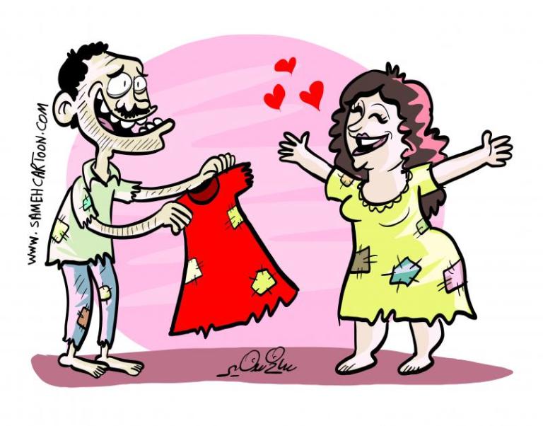 Cartoon of a man giving a patched dress to a woman, both in patched clothes, with hearts above.