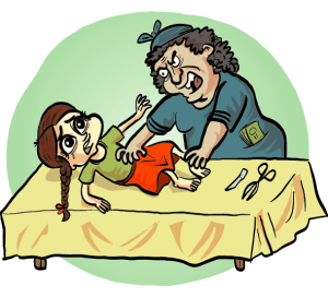 A cartoon illustrating the harsh reality and brutality of female genital mutilation practices.
