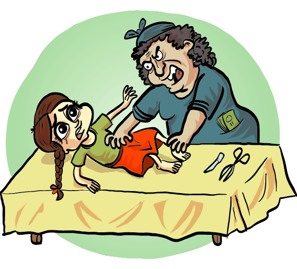 A cartoon illustrating the harsh reality and brutality of female genital mutilation practices.