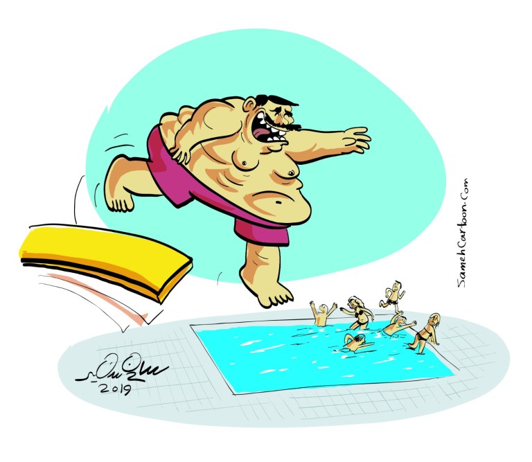 A cartoon of a large man jumping into a pool while others swim, creating a comedic splash