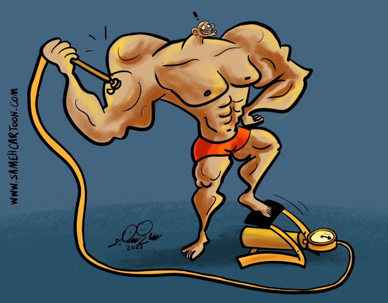 A cartoon of a muscular man inflating himself with a pump.