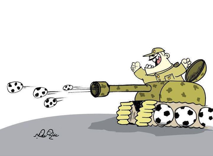 A cartoon of a soldier in a tank shooting soccer balls instead of shells, blending military and sports themes.
