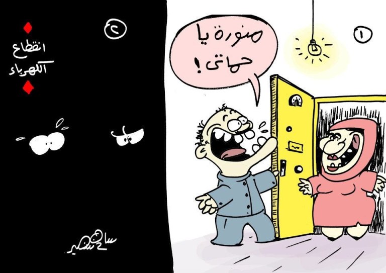 A cartoon depicting a humorous interaction between two characters during a power outage.