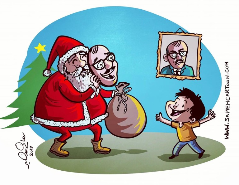 A cartoon of a child surprised as Santa Claus wears a mask of his laughing father with a serious father figure in the background