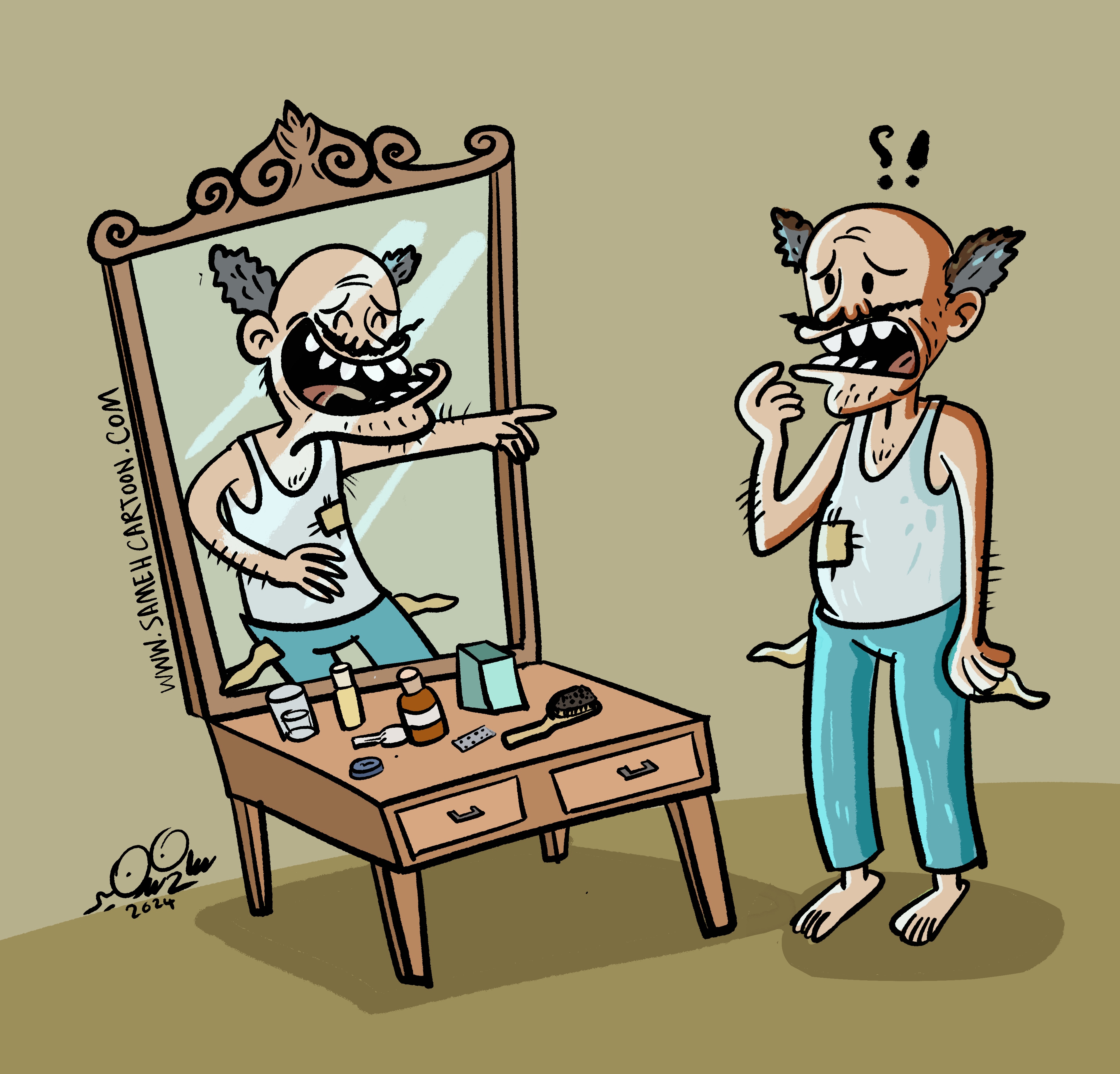 Cartoon showing a confused man looking at a confident version of himself in the mirror.