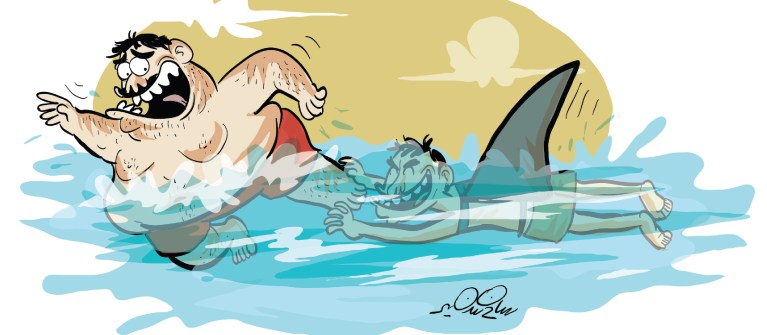 A cartoon depicting a man swimming away from a shark while another man swims calmly below him.