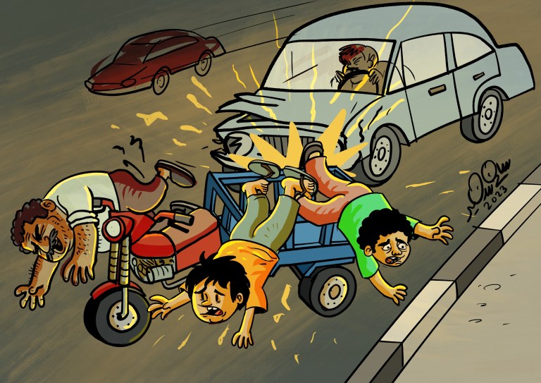 Cartoon showing a young boy delivering goods, involved in a traffic accident due to reckless driving, with a grateful nod to child care services.