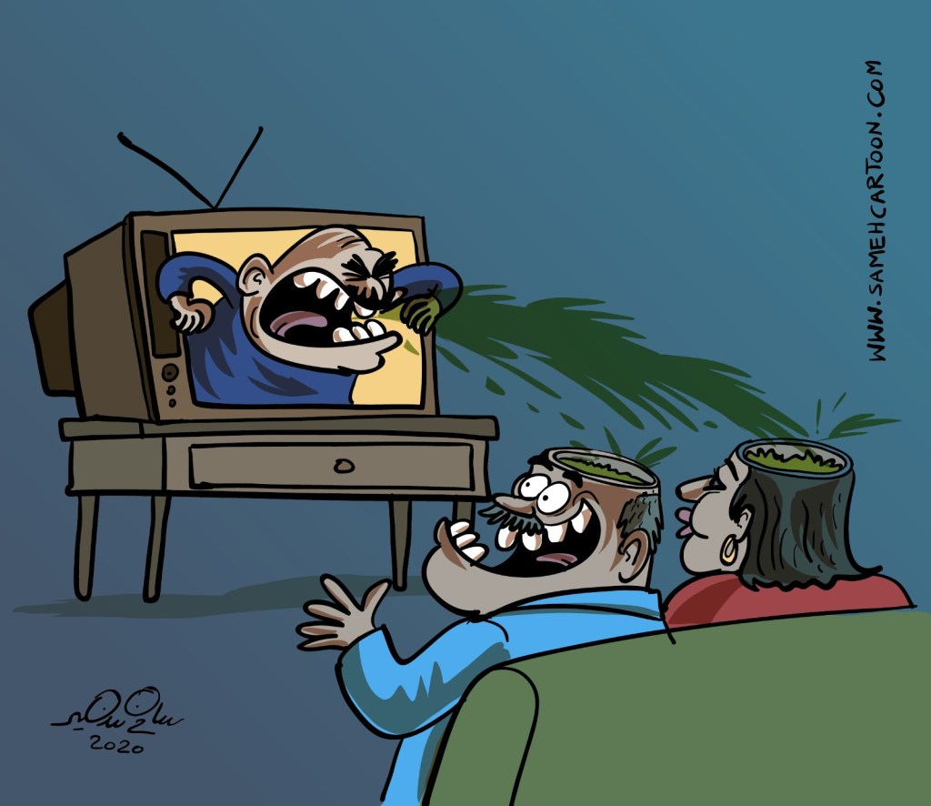 Cartoon of a media figure shouting green toxic propaganda liquid into open heads, symbolizing brainwashing and loss of happiness