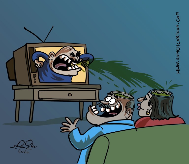 Cartoon of a media figure shouting green toxic propaganda liquid into open heads, symbolizing brainwashing and loss of happiness