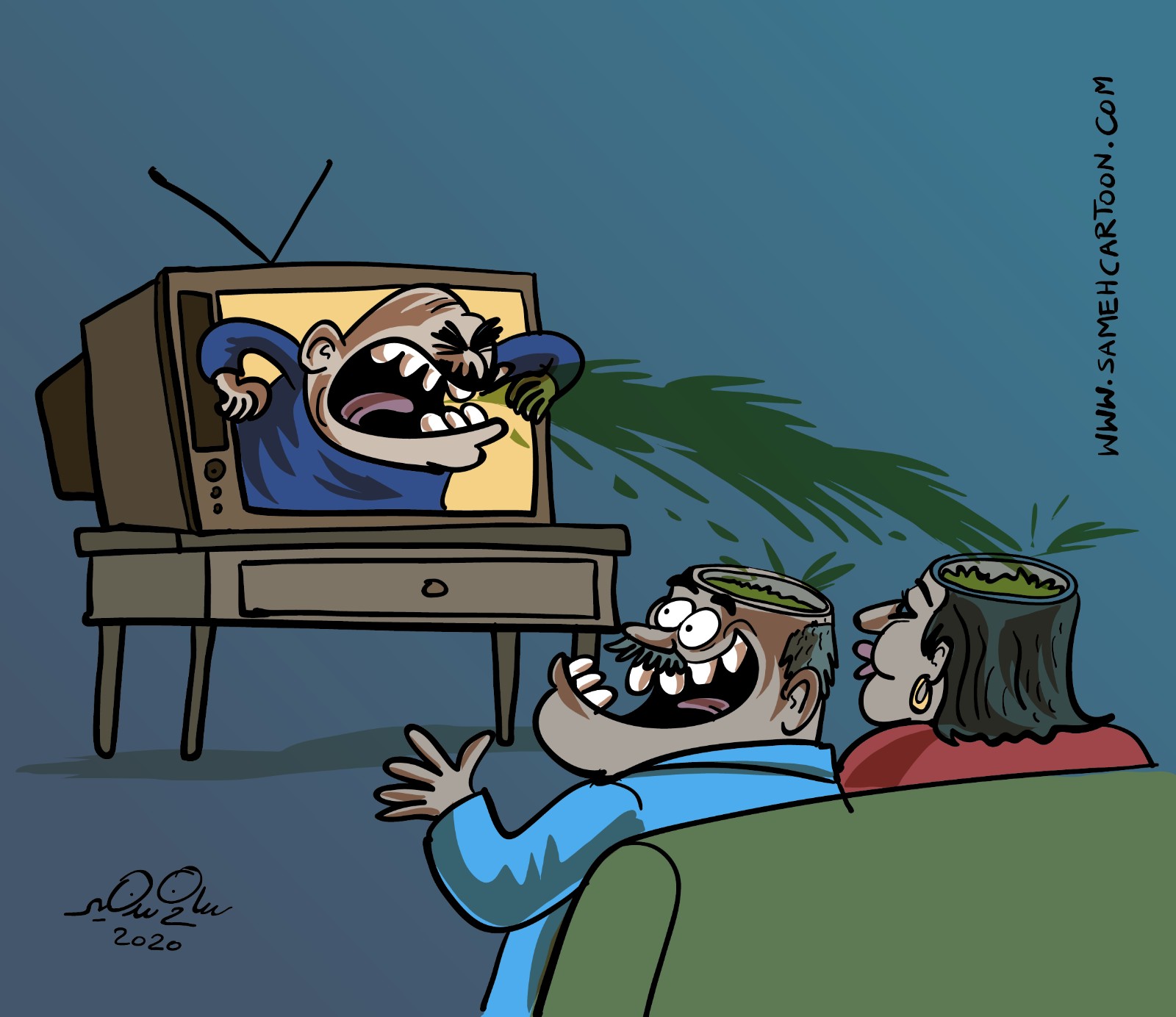 Cartoon showing media propaganda entering open minds as toxic green liquid.
