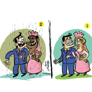 A comic showing a groom with his beautiful bride in the first scene and the second scene reveals in the rain the bride is actually a man after makeup washes off