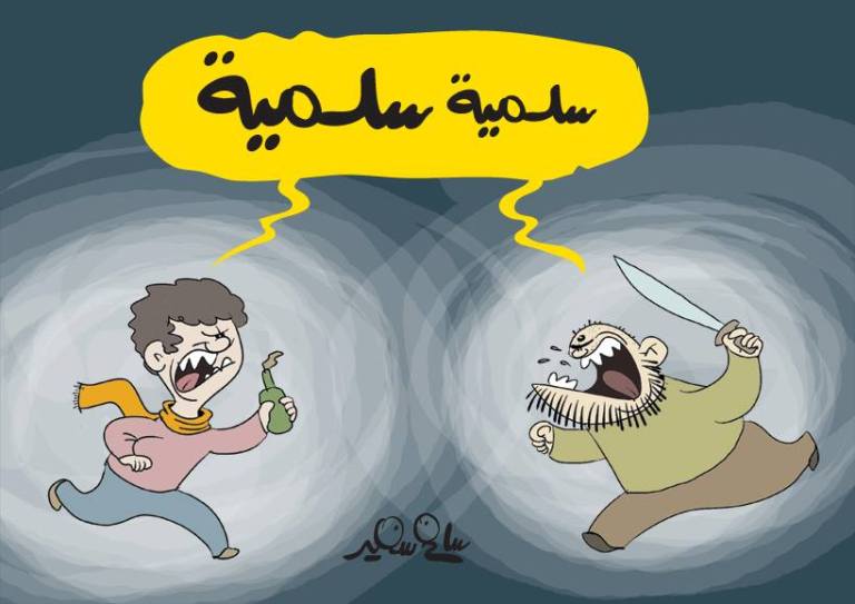 Cartoon of two angry men shouting 'peaceful' while holding weapons.
