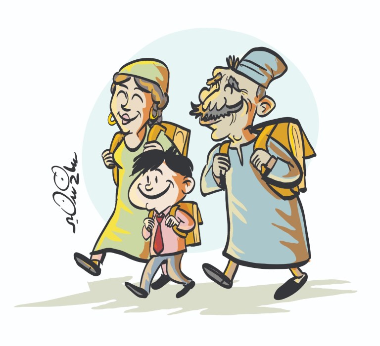 A cartoon showing a simple multi-generational family walking together with backpacks to school and adult literacy classes.