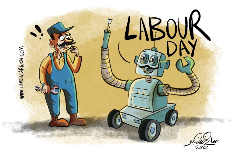A cartoon showing a surprised worker and a robot celebrating Labour Day with a wrench.