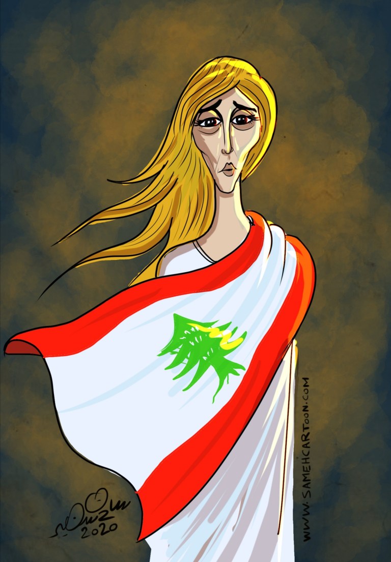 Lebanese singer Fairuz crying, draped in the Lebanese flag, mourning the Beirut port explosion