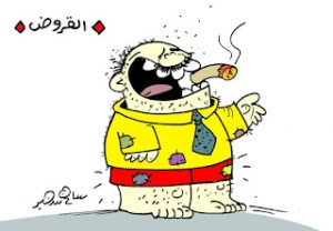 Cartoon showing a man given a tie but losing his pants, symbolizing how loans cause poverty and social decline.