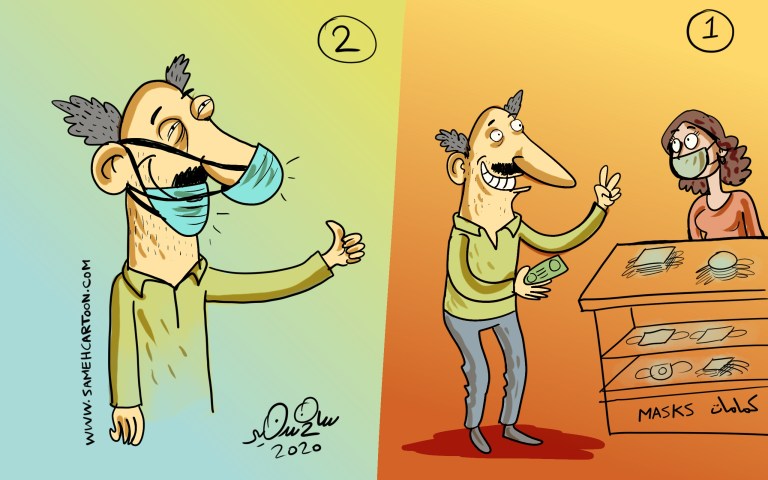 A cartoon depicting a man buying masks while wearing one, with a humorous twist