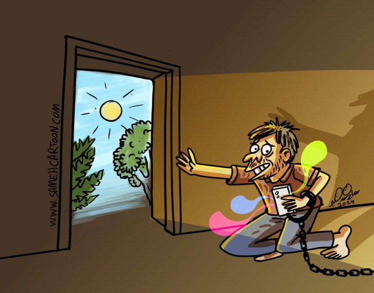 Cartoon of a person chained by a phone and social media, unable to step outside into real life and nature.