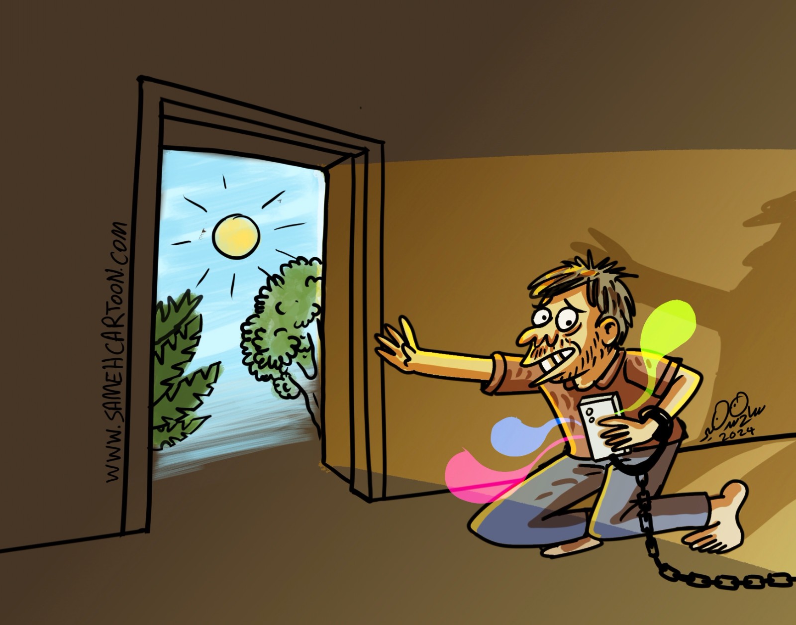 Cartoon of a person chained by a phone and social media, unable to step outside into real life and nature.