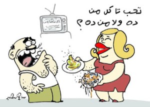 Cartoon of a man forced to choose between two equally unappealing options, symbolizing political candidates.