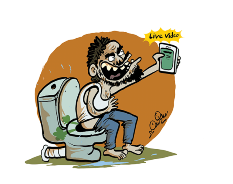 A cartoon of a man on a toilet holding a phone for a live video.
