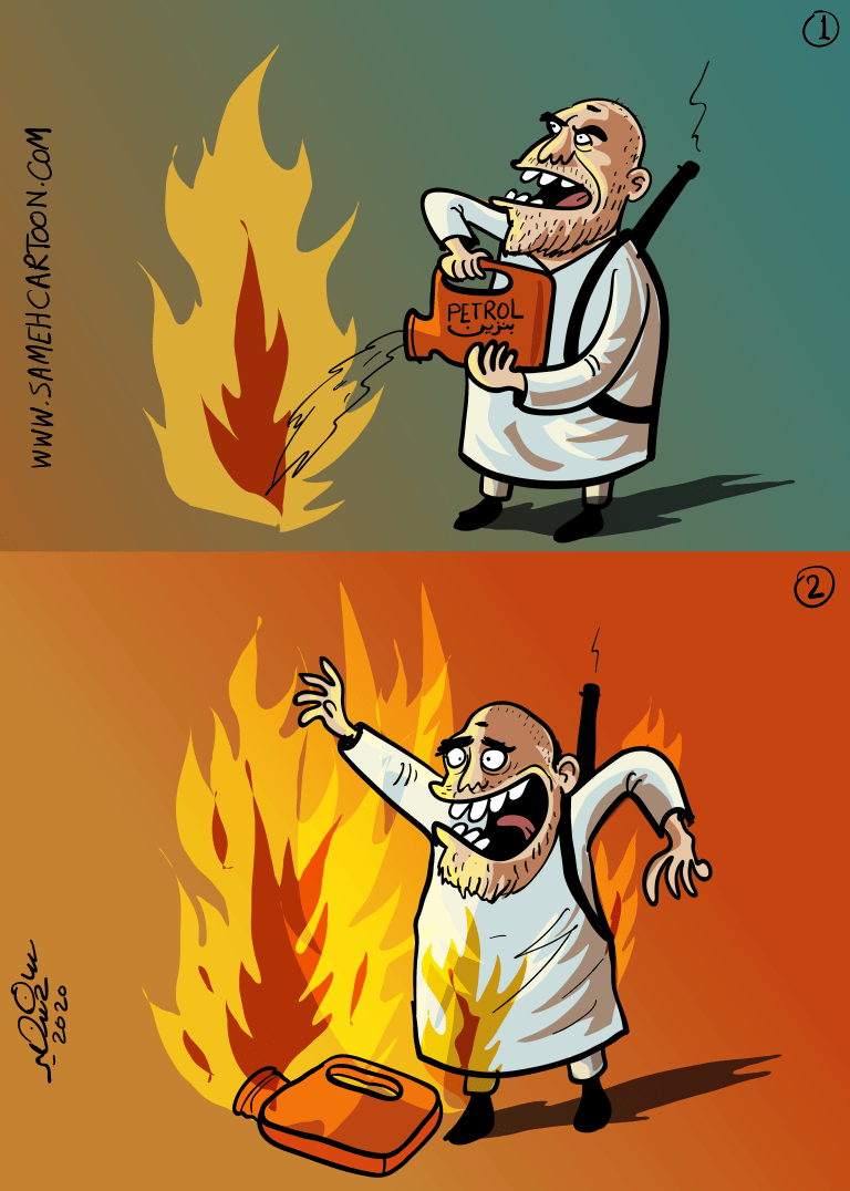 Cartoon of a man pouring petrol on a fire, then reacting to the larger flames.