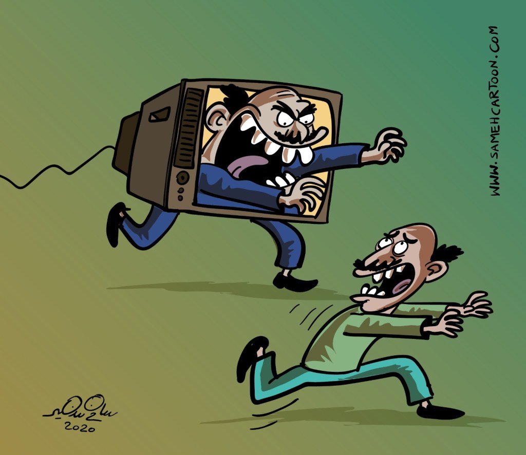 A cartoon illustrating a media figure chasing a citizen who is running out of a television screen.