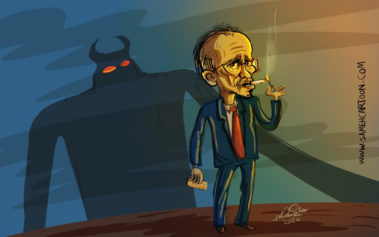 Cartoon of Dr. Refaat Ismail smoking while surrounded by monsters and ghosts in a spooky supernatural setting
