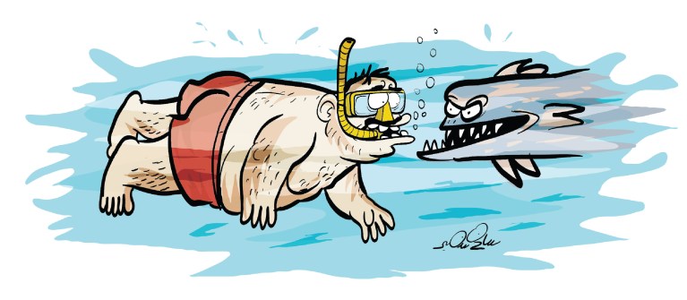A cartoon of a man snorkeling with an angry shark approaching him in a humorous scene