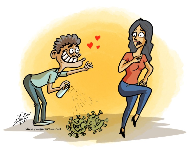 Cartoon of a man spraying disinfectant near a woman with cartoon germs around during COVID-19.