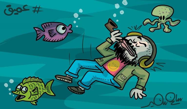 A cartoon showing a stereotypical leftist diving deep underwater among fish, mocking their pretentious cultural depth.