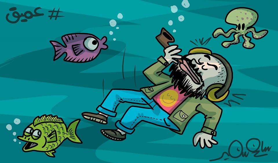 A cartoon showing a stereotypical leftist diving deep underwater among fish, mocking their pretentious cultural depth.