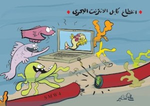 Cartoon showing fish cutting a marine internet cable to watch adult fish videos on a screen
