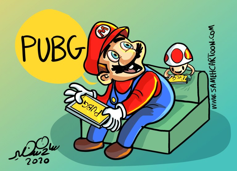 Cartoon of a character resembling Mario playing a game labeled PUBG.