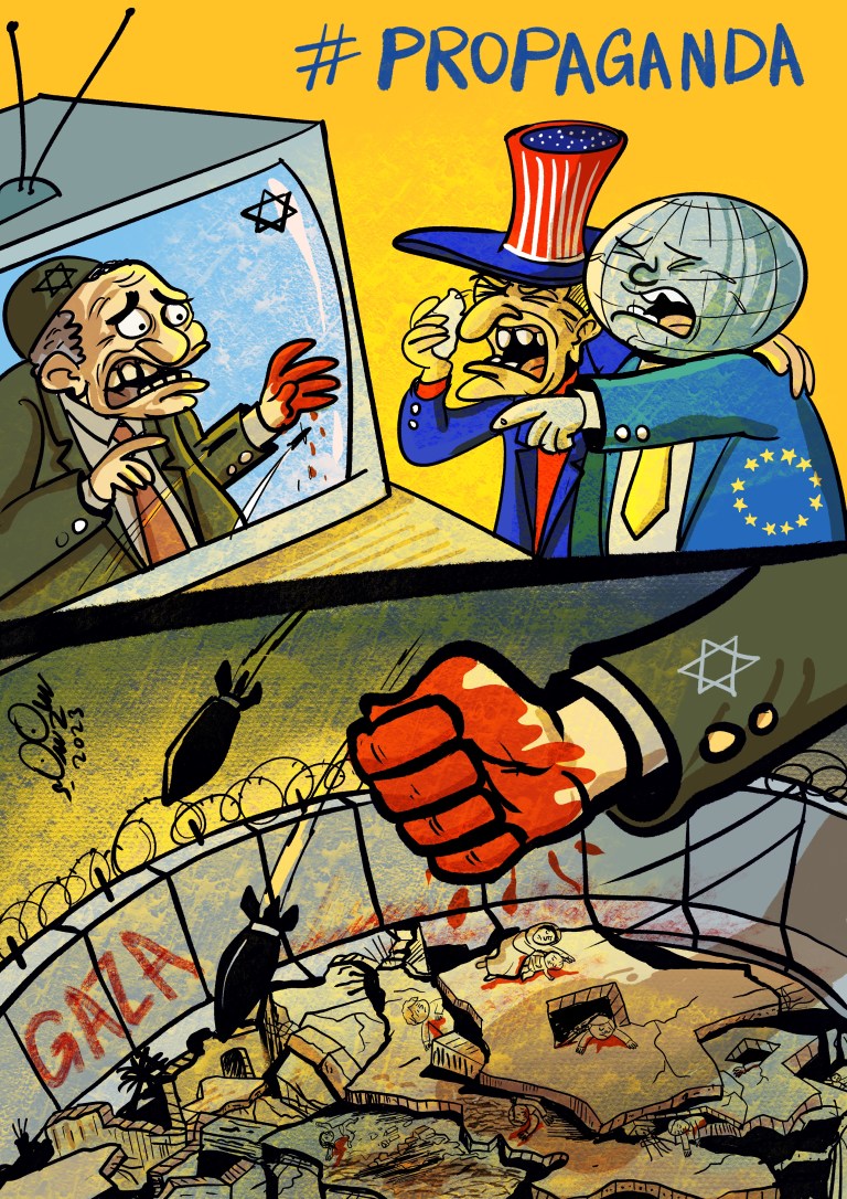 Cartoon showing a bloodied hand dropping bombs over Gaza, highlighting media bias in conflict reporting.