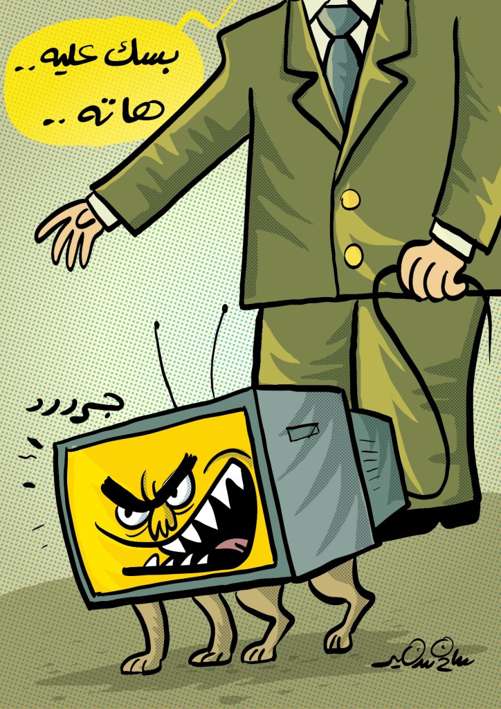 Cartoon of a man holding a leash attached to an aggressive TV with legs, symbolizing media control.