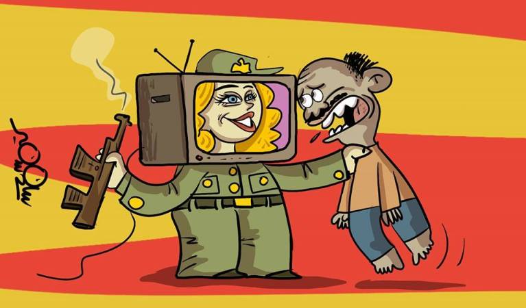 Cartoon of a TV-headed soldier in military uniform holding a man by the neck, symbolizing media control.