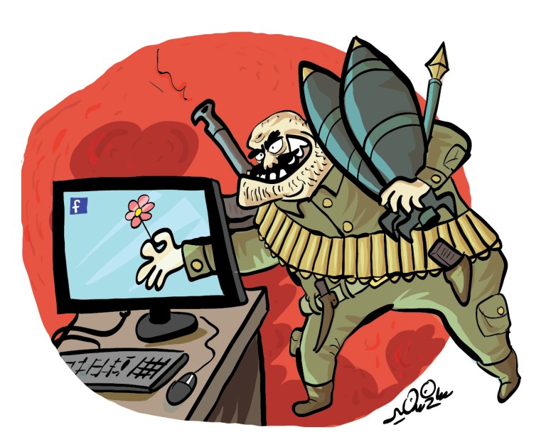 Cartoon showing a hand offering a flower on screen, while behind the scenes the same hand is stained with blood and holding weapons, symbolizing media manipulation.