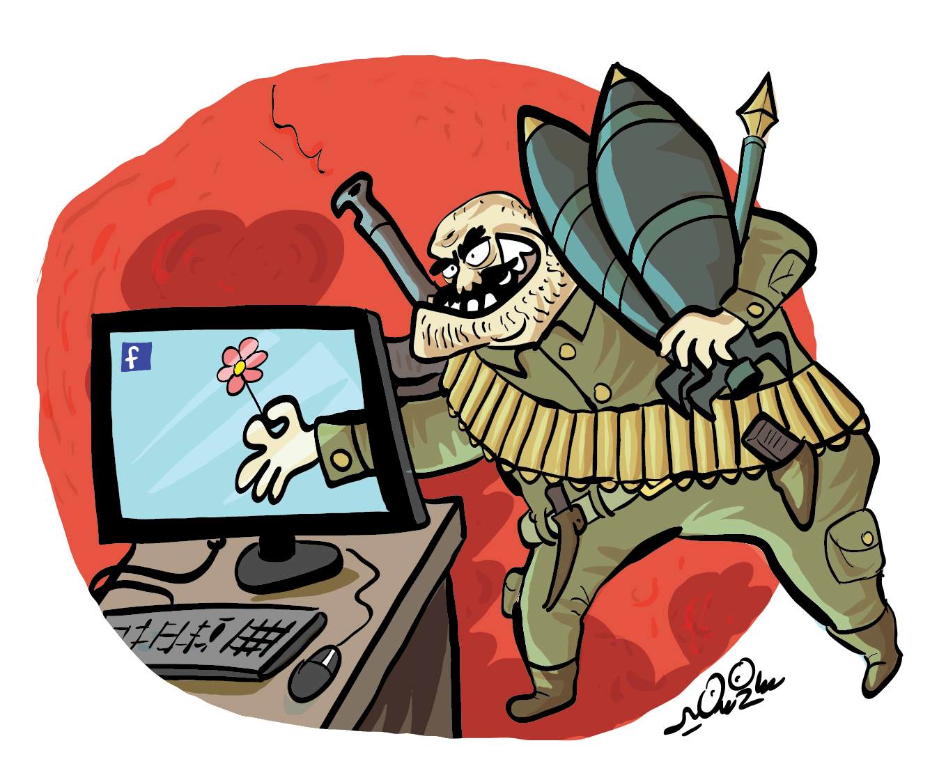 Political cartoon showing a peaceful flower on screen while violence is hidden behind the media image.
