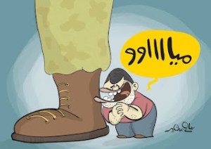 Cartoon of Mohamed Morsi admiring and clinging to a military boot, symbolizing deposed president's attempt to appease the military.