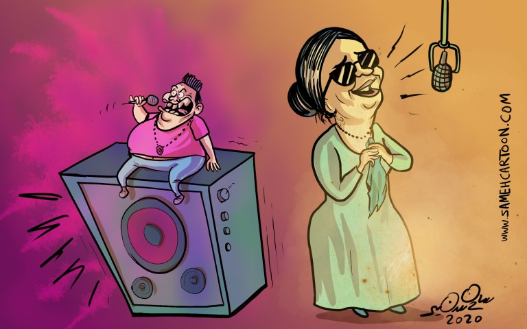 A cartoon contrasting the legendary singer Umm Kulthum with modern Egyptian festival singers