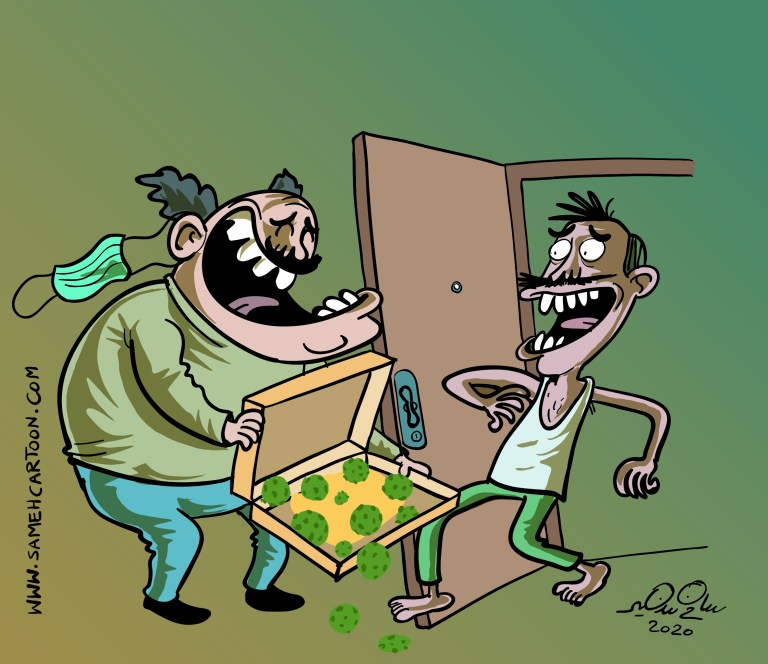 Cartoon of a man delivering a pizza box filled with virus-like shapes to another man.