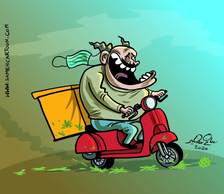 Cartoon of a man riding a scooter with a face mask hanging off his ear, highlighting casual pandemic behavior.