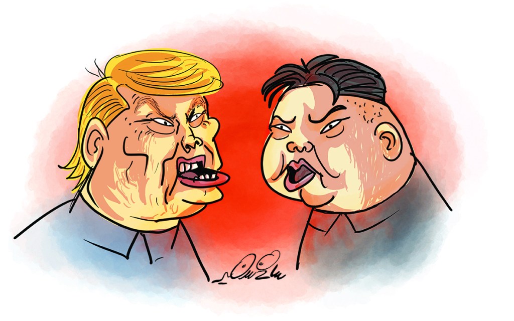 Cartoon caricature of Donald Trump and Kim Jong-un with exaggerated facial features and humorous expressions.