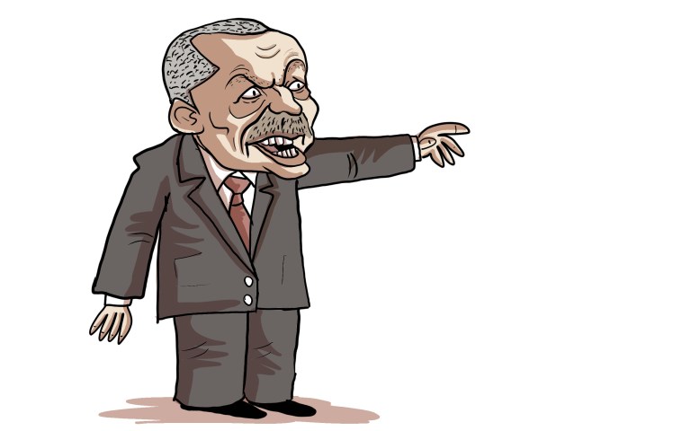 Cartoon caricature of Turkish President Erdogan in a suit with exaggerated features.