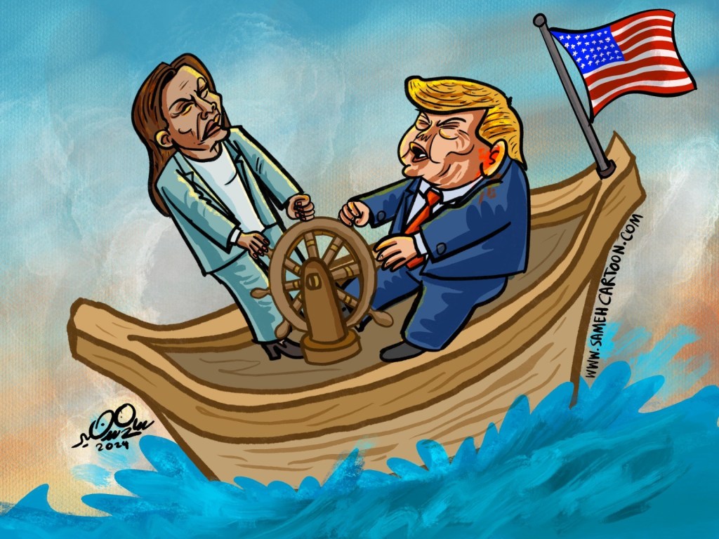 Cartoon showing Donald Trump and Kamala Harris in a small boat, Trump at the helm looking determined while Harris gestures animatedly, with an American flag in the background.