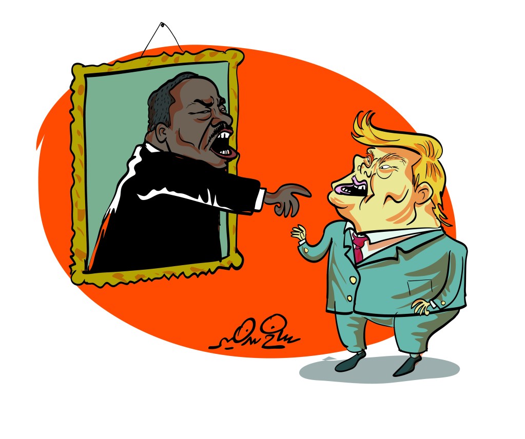Cartoon of Donald Trump confronting Martin Luther King Jr. in a painting.