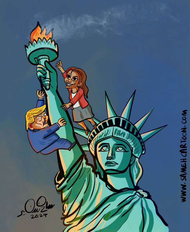 Cartoon showing Donald Trump and Kamala Harris climbing and struggling atop the Statue of Liberty, each trying to outdo the other.