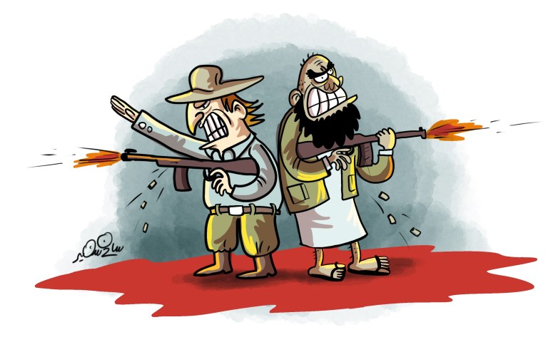 Cartoon showing a white right-wing extremist and an Islamist extremist standing back-to-back, both armed and firing in opposite directions, illustrating that both forms of extremism are two sides of the same coin.