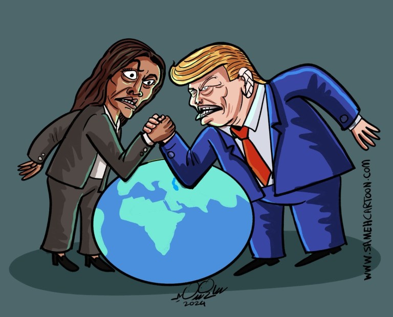 Cartoon showing Donald Trump and Kamala Harris arm wrestling on a table with a globe between them, symbolizing a political power struggle.